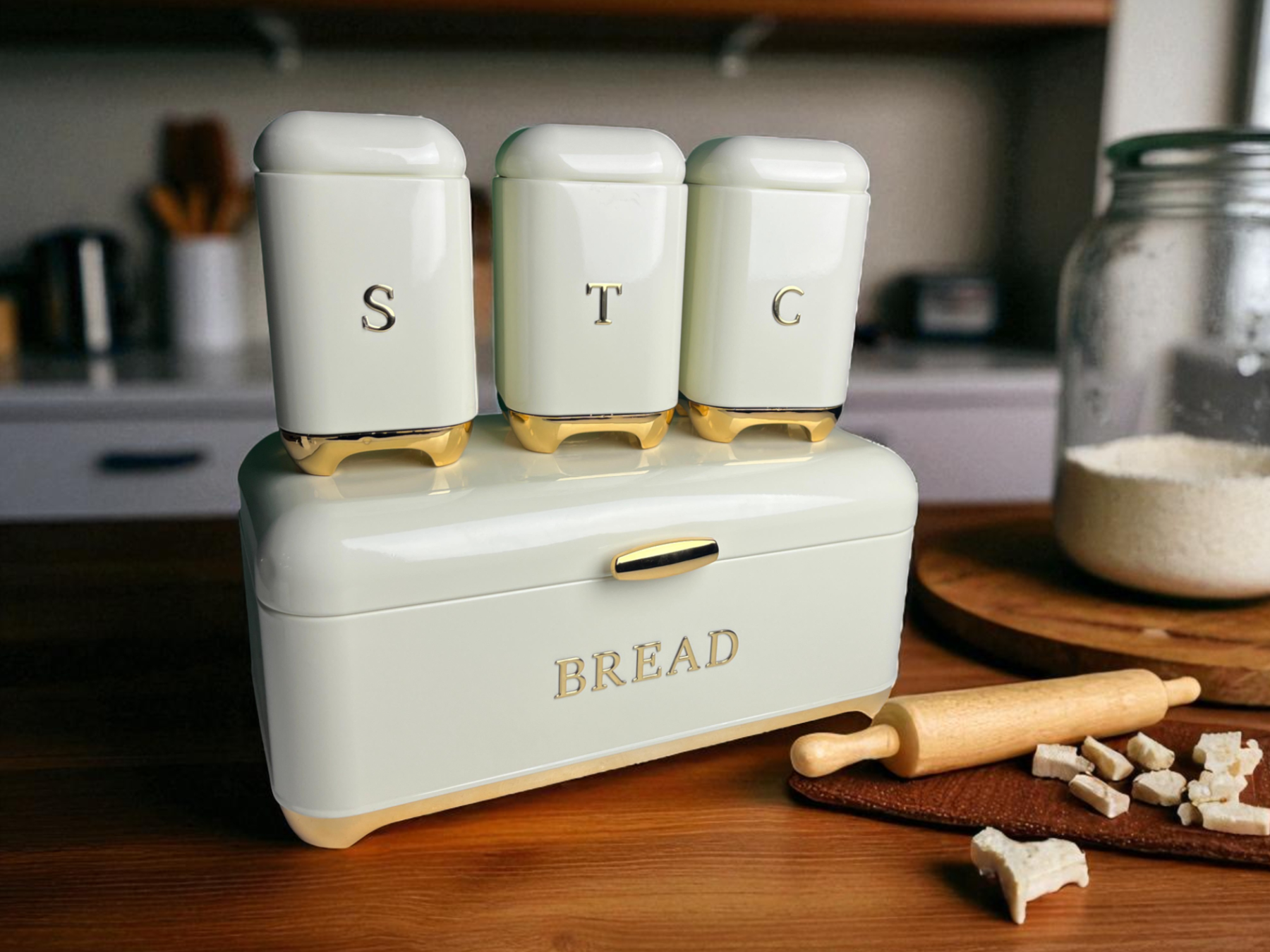 Grey B Tea, Coffee, Sugar & Bread Canisters (4 PCS)