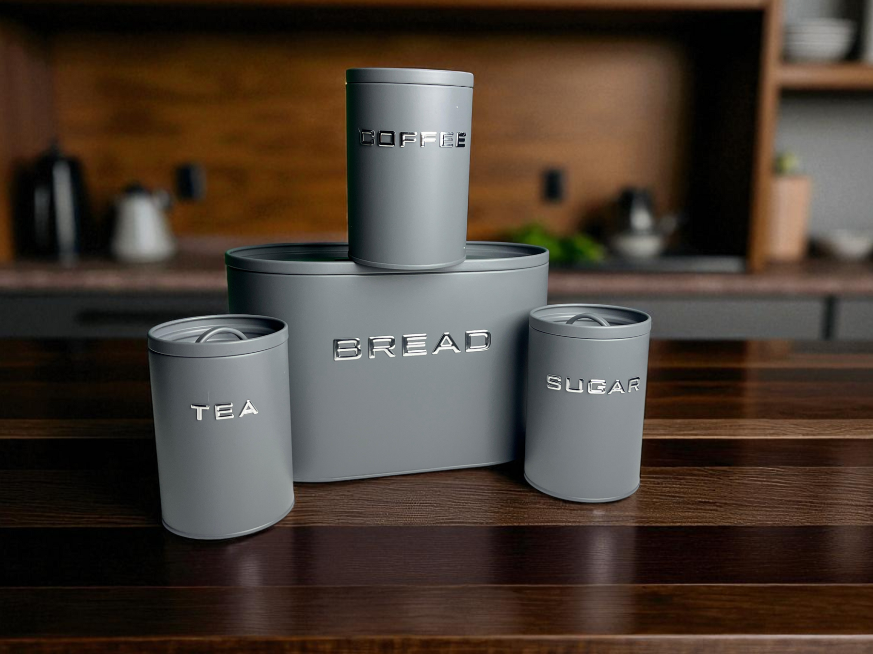 Grey Tea, Coffee, Sugar & Bread Canisters (4 PCS)